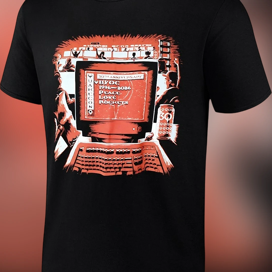 QuakeCon 2026 30th Anniversary Tee Retro BYOC Peace Love Rockets Gaming Graphic Shirt