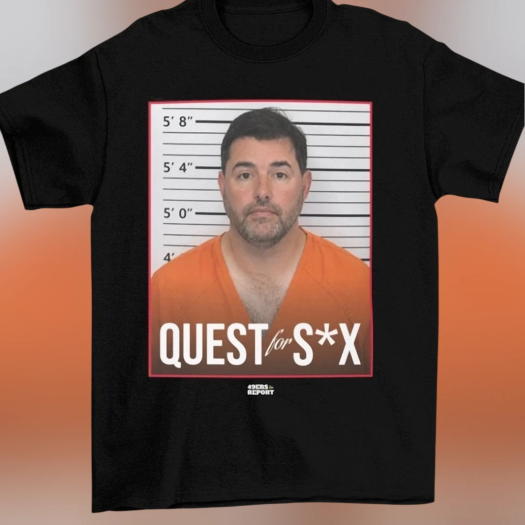 Quest For S*x Tee Funny Mugshot Graphic Shirt for Sports Fans
