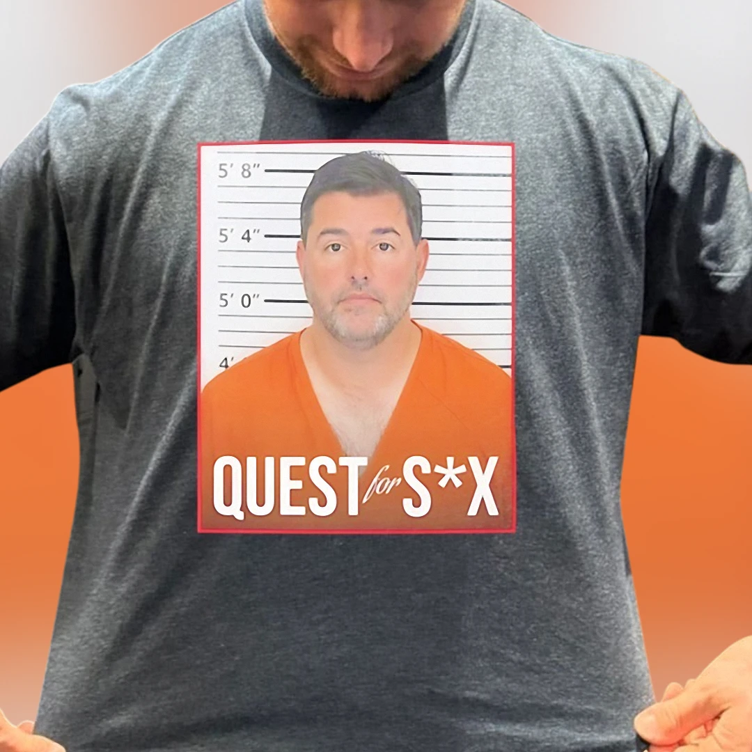 QUEST for S*X Tee Funny Mugshot Graphic T-Shirt Novelty Gag Gift for Men and Women