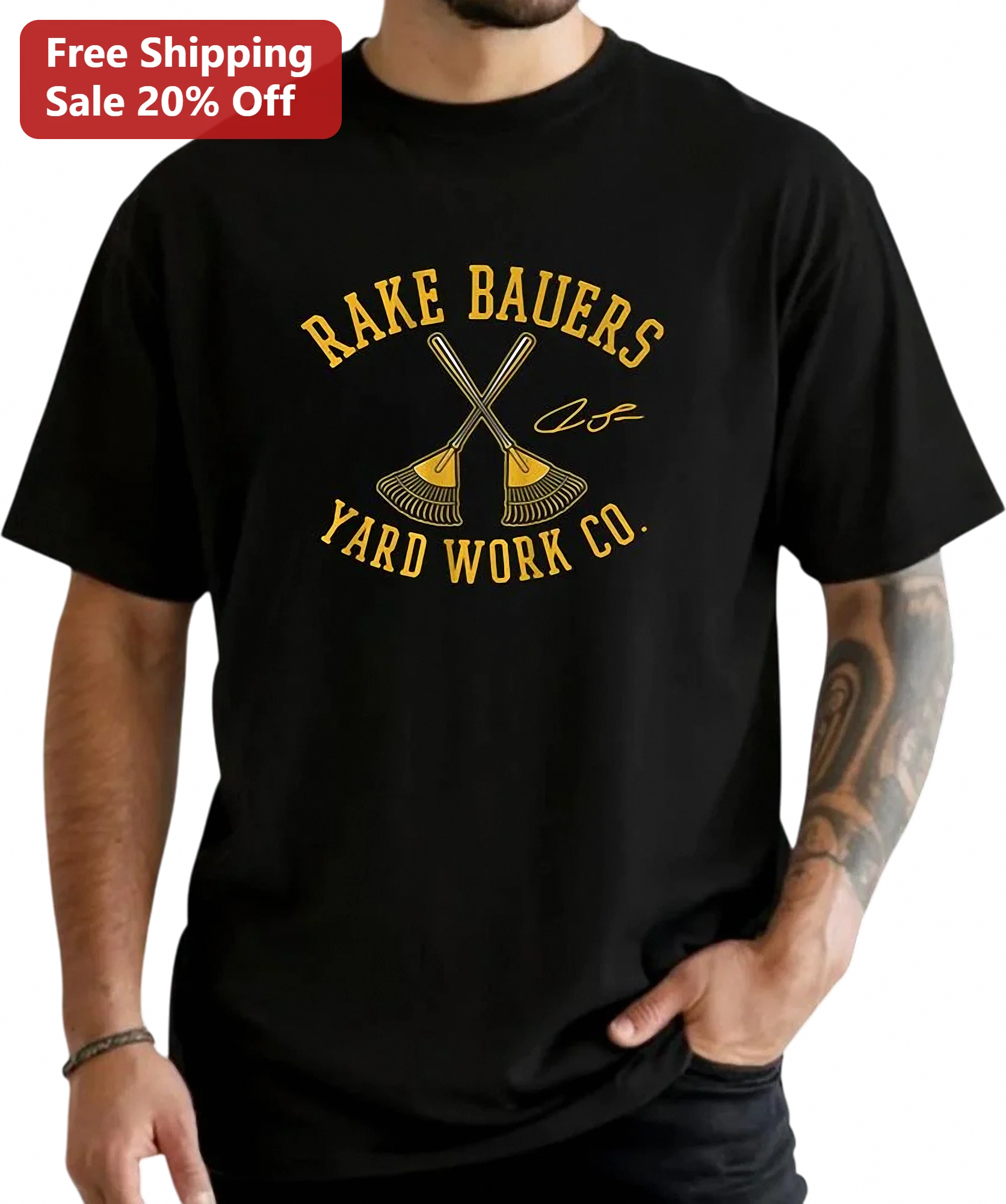 Rake Bauers Yard Work Co. Tee Funny Landscaper Lawn Care Gift for Men and Women