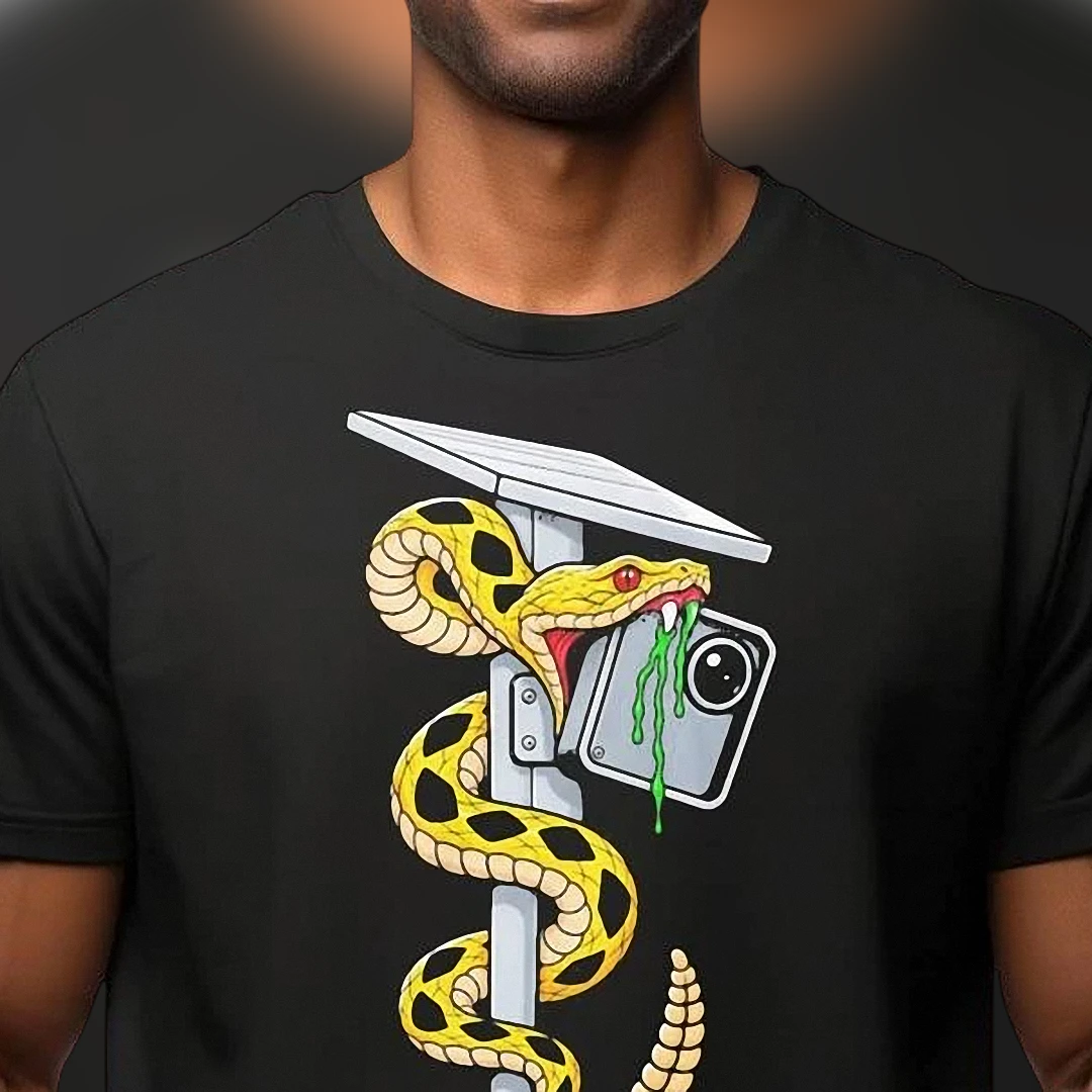 Rattlesnake Security Camera Graphic Tee, Anti-Surveillance Humor Streetwear Snake Shirt