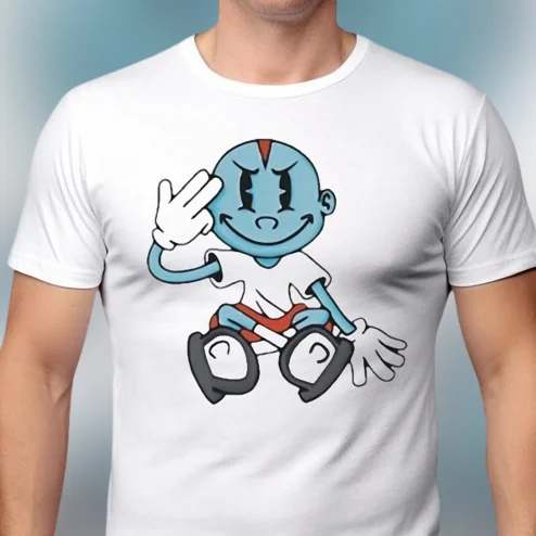 Retro Cartoon Blue Character Tee Vintage 1930s Rubber Hose Style Graphic T-Shirt