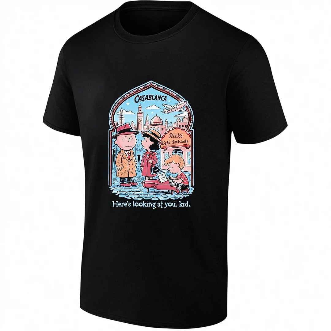 Rick's Cafe Americain Casablanca Peanuts Mashup Tee, Classic Movie Parody Shirt