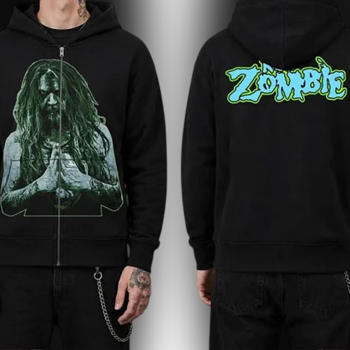 Rob Zombie Hoodie Graphic Full Zip Up Sweatshirt Heavy Metal Horror Rock Music Apparel