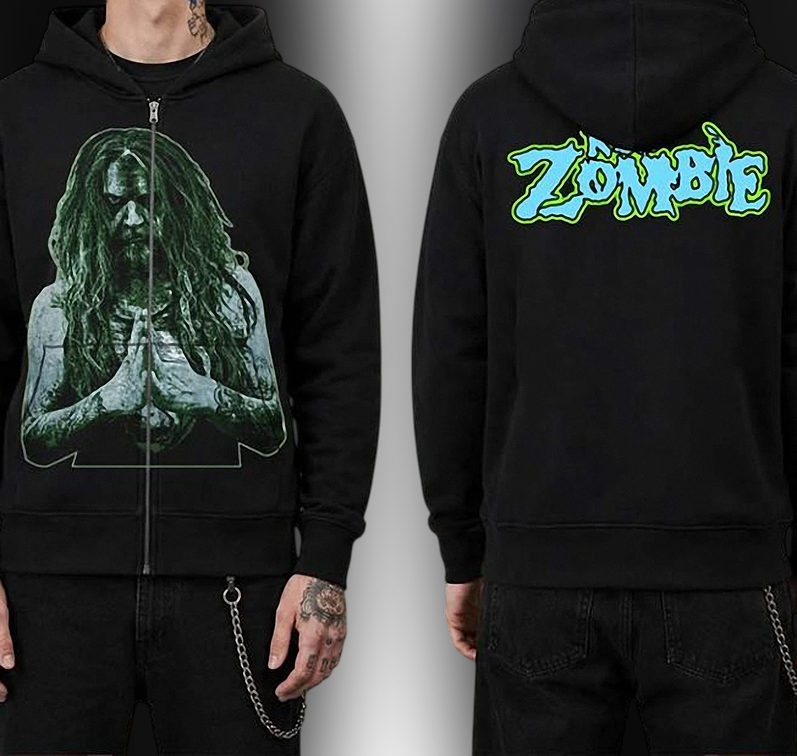 Rob Zombie Hoodie Graphic Full Zip Up Sweatshirt Heavy Metal Horror Rock Music Apparel