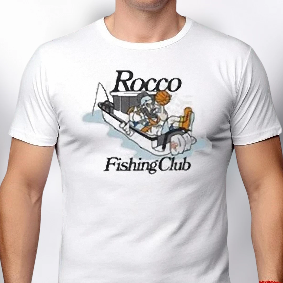 Rocco Fishing Club Graphic Tee, Funny Cartoon Angler Boat T-Shirt, Outdoor Fisherman Gift for Men and Women