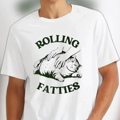 Rolling Fatties Tee Funny Fat Cat Massage Humor Graphic Shirt Novelty Gift for Cat Lovers