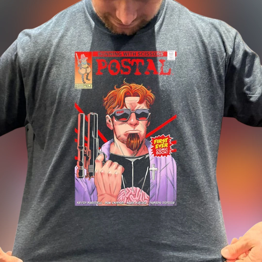 Running With Scissors Postal First Ever Comic Book Tee, Retro Video Game Postal Dude Graphic T-Shirt