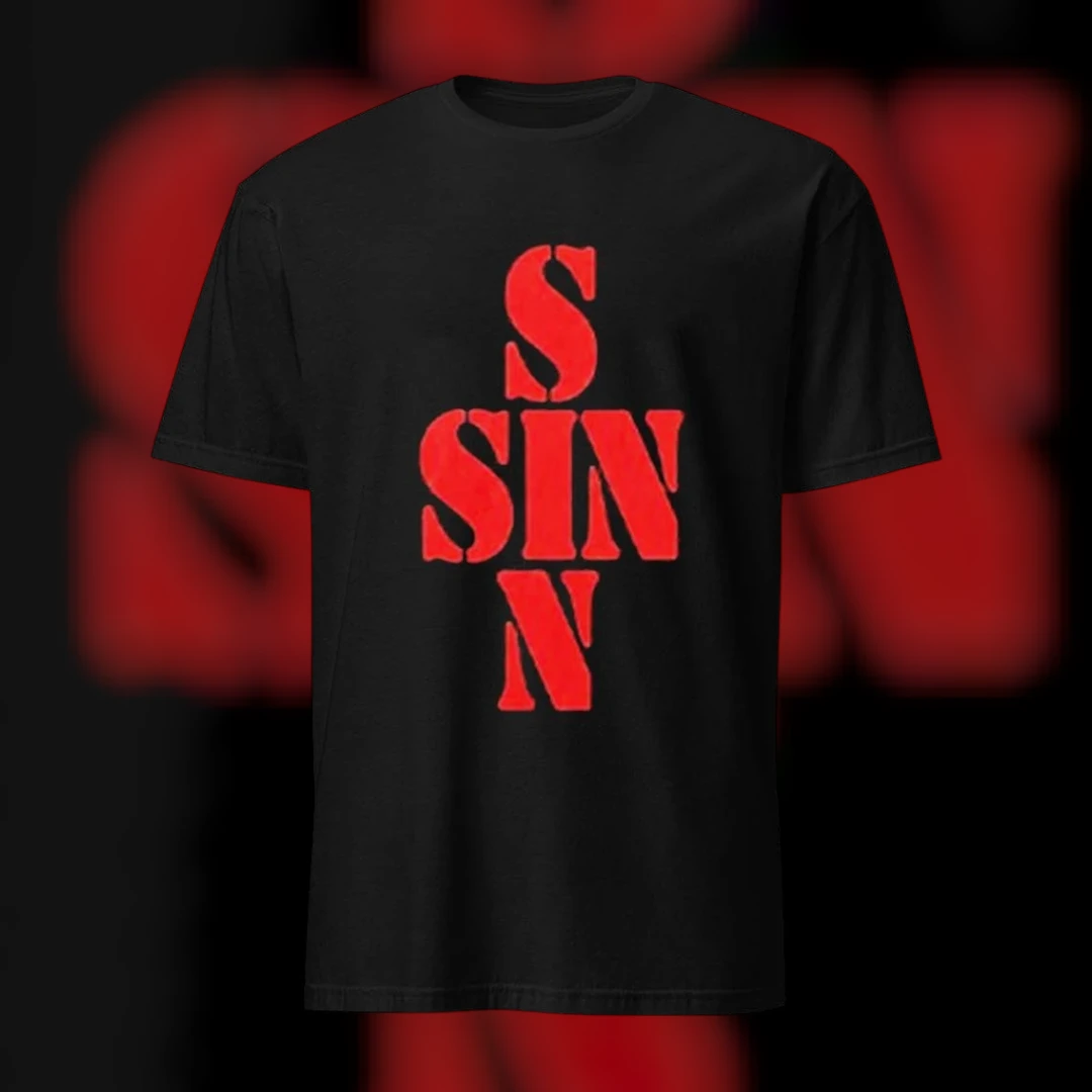 S SIN N Cryptic Streetwear Tee Edgy Red Stencil Cross Typography T-Shirt