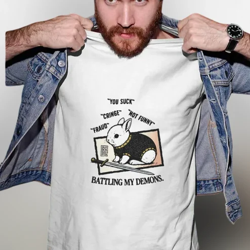Sarcastic Graphic Tee, Battling My Demons Rabbit Dark Humor Shirt, Funny Cringe Meme Tee
