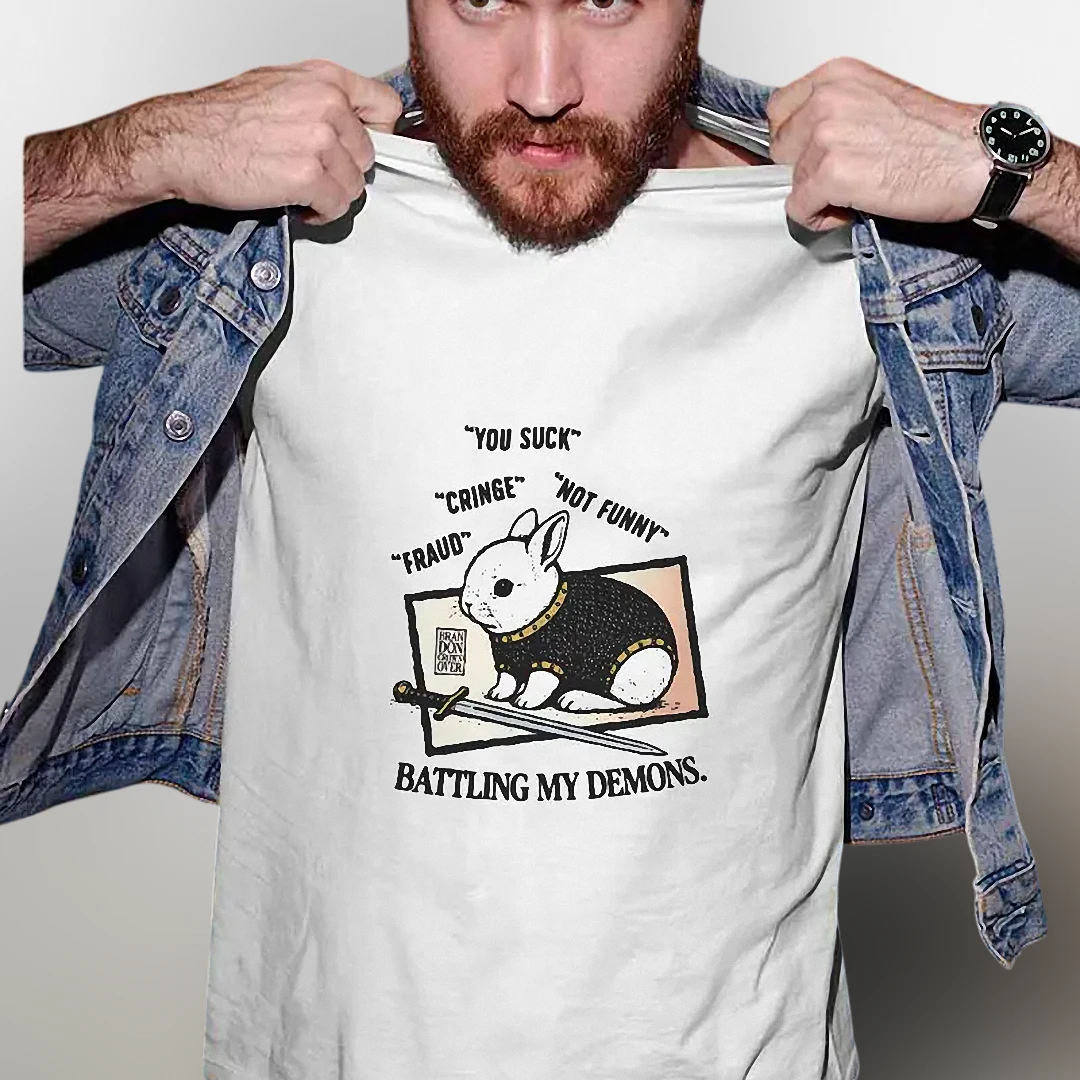 Sarcastic Graphic Tee, Battling My Demons Rabbit Dark Humor Shirt, Funny Cringe Meme Tee