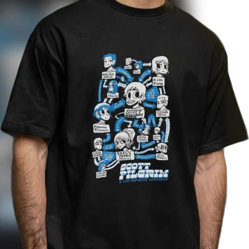 Scott Pilgrim The Infinite Sadness Character Relationship Map Tee, Retro Comic Novel Graphic Shirt for Fans