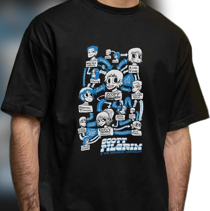 Scott Pilgrim The Infinite Sadness Character Relationship Map Tee, Retro Comic Novel Graphic Shirt for Fans