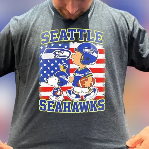 Seattle Seahawks Charlie Brown and Snoopy Tee, American Flag Football Graphic Shirt for Fans