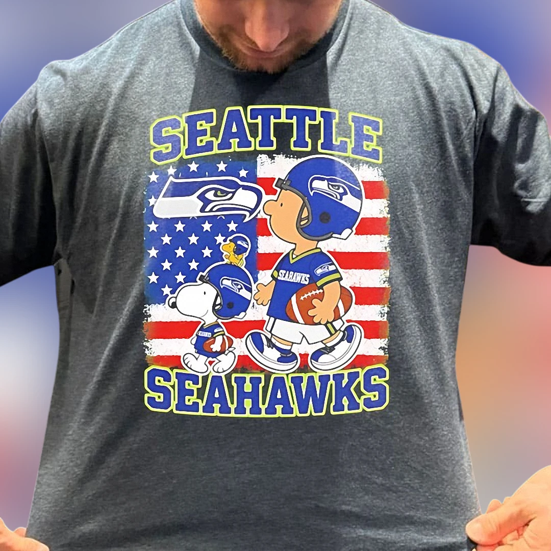 Seattle Seahawks Charlie Brown and Snoopy Tee, American Flag Football Graphic Shirt for Fans