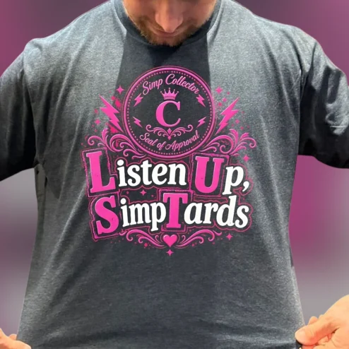 Simp Collector Seal of Approval Listen Up SimpTards Tee, Funny Satirical Meme Graphic T-Shirt