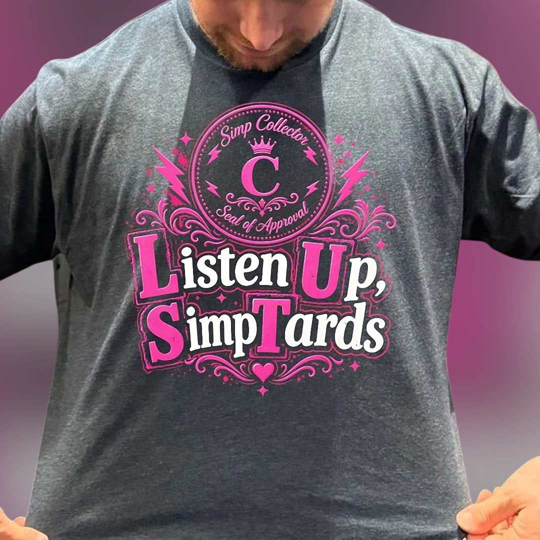 Simp Collector Seal of Approval Listen Up SimpTards Tee, Funny Satirical Meme Graphic T-Shirt