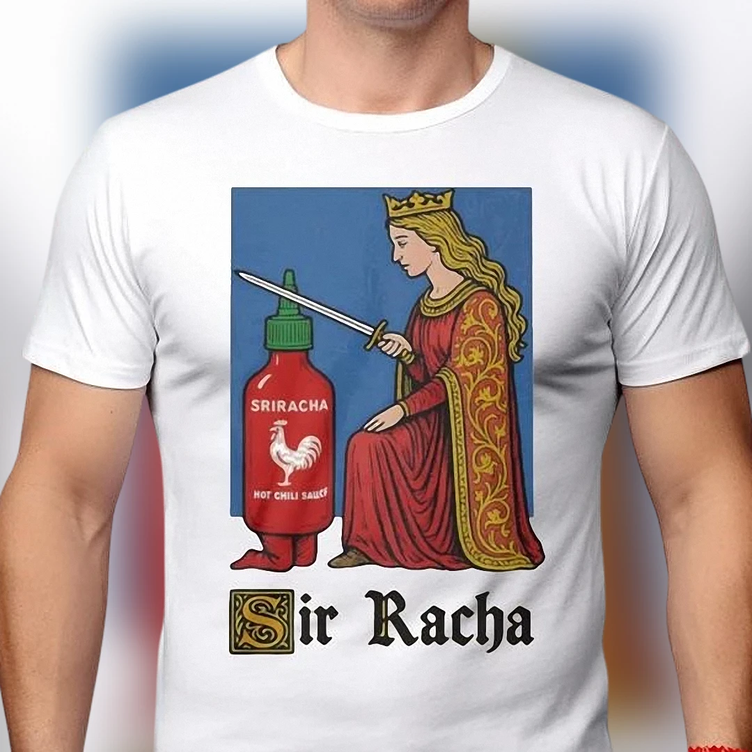 Sir Racha Funny Sriracha Hot Sauce Tee Medieval Knight Food Pun Graphic Shirt Gift for Spicy Food Lovers