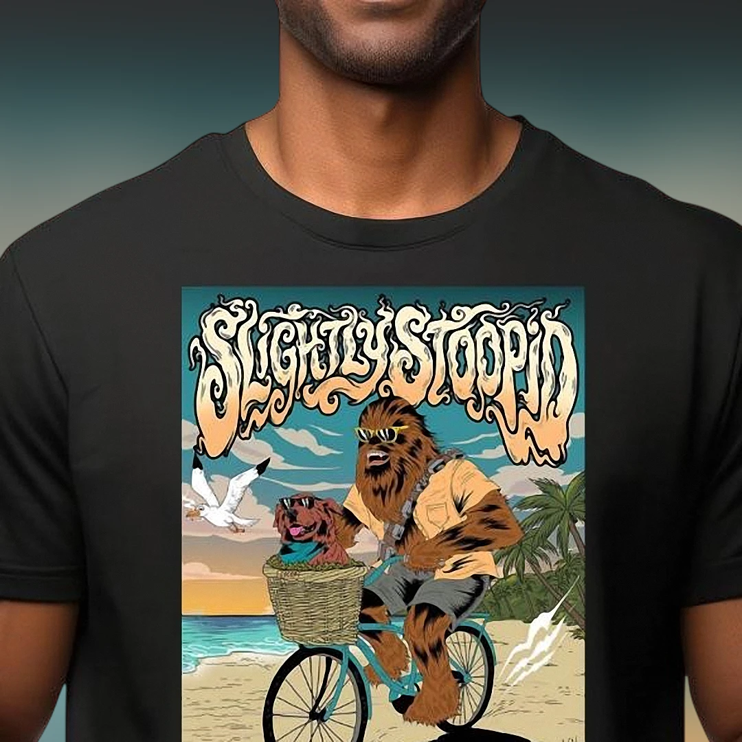 Slightly Stoopid Tee Chewbacca Beach Bicycle Graphic T-Shirt for Reggae Rock Fans