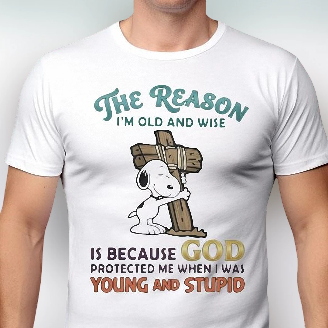 Snoopy God Protected Me When I Was Young and Stupid Tee Funny Christian Cross Graphic Shirt for Men and Women