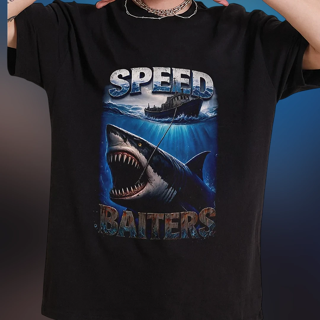 Speed Baiters Shark Fishing Graphic Tee, Vintage Ocean Angler Shirt, Funny Deep Sea Fisherman Gift