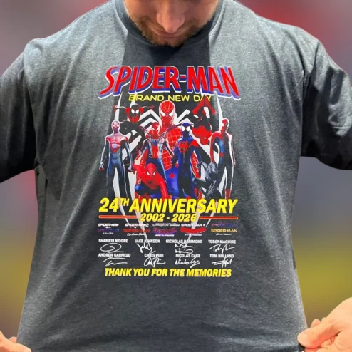 Spider-Man Grand New Day 24th Anniversary 2002-2026 Thank You For The Memories Tee, Marvel Multiverse Cast Signatures Graphic Shirt