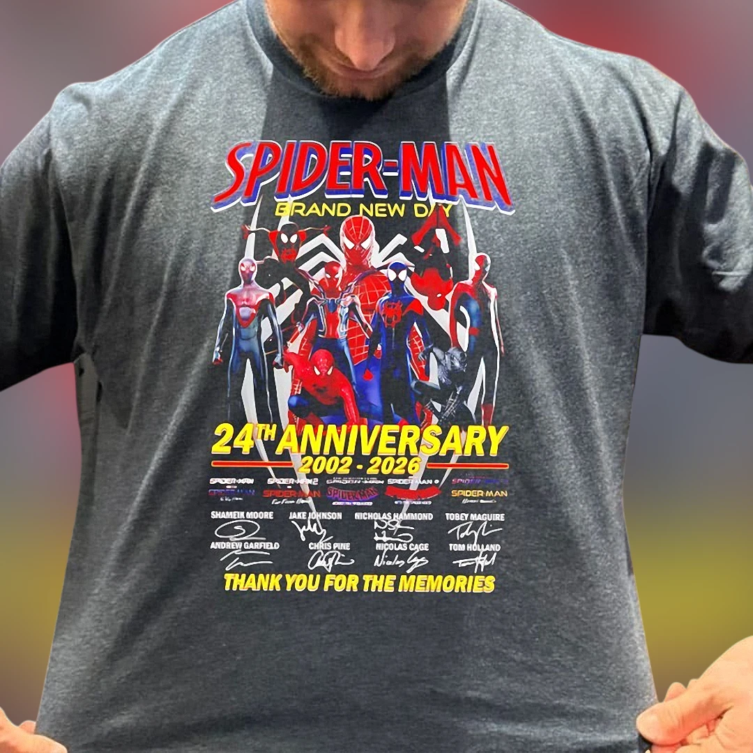 Spider-Man Grand New Day 24th Anniversary 2002-2026 Thank You For The Memories Tee, Marvel Multiverse Cast Signatures Graphic Shirt