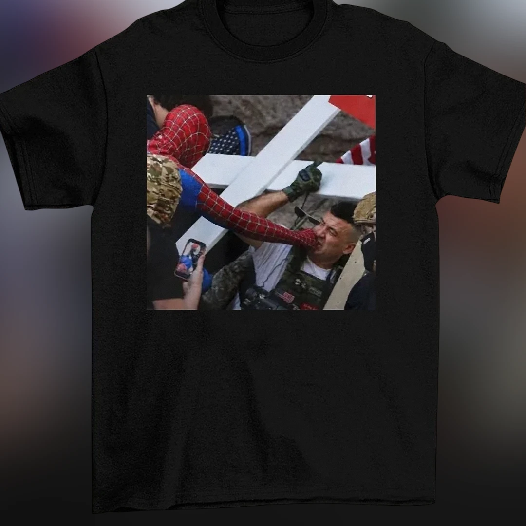 Spiderman Punching Man Meme Tee Funny Viral Superhero Parody Graphic T-Shirt for Adults