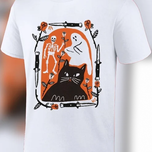 Spooky Cat Skeleton Ghost Graphic Tee, Vintage Witchy Goth Halloween Shirt for Cat Lovers