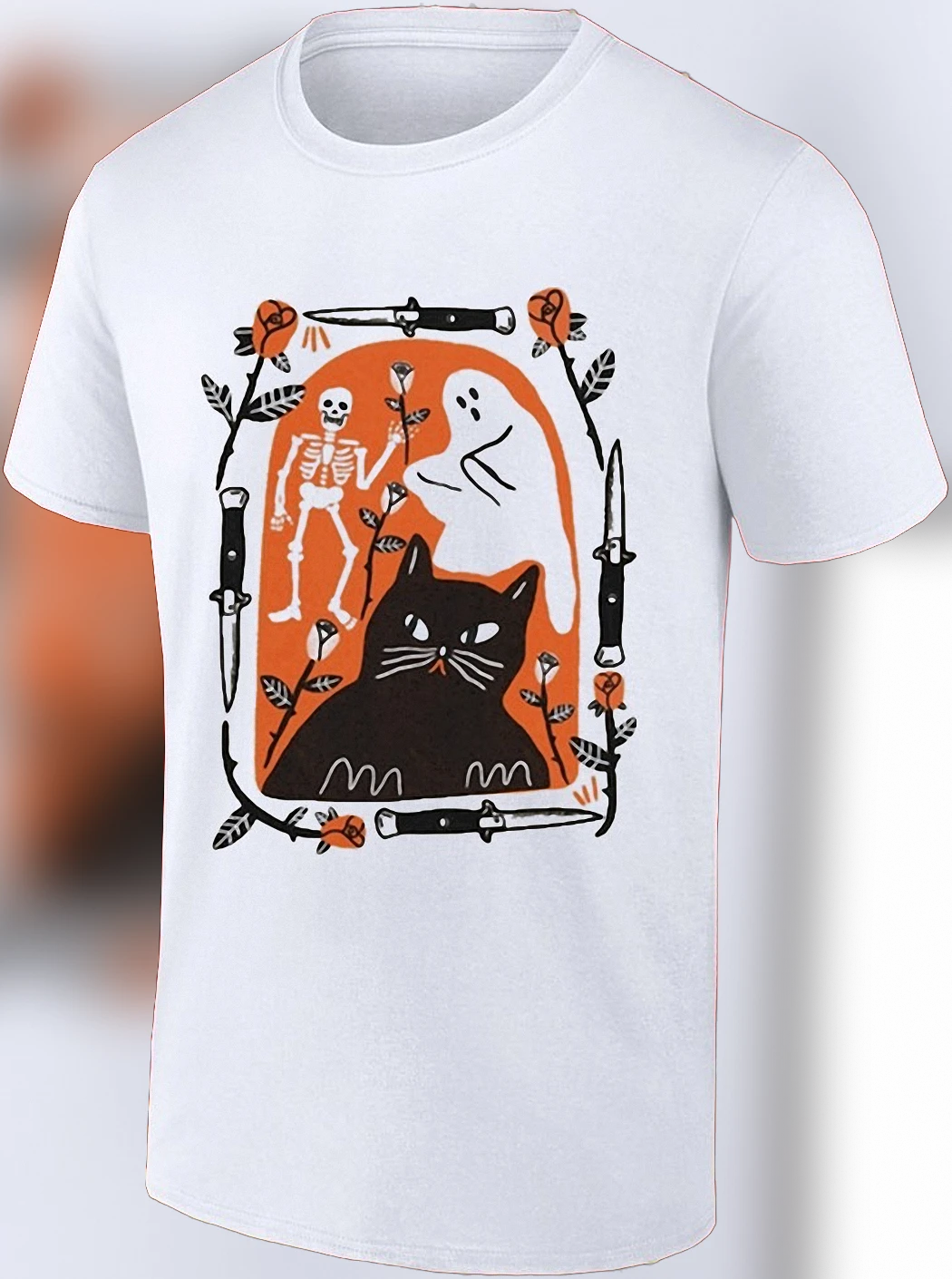 Spooky Cat Skeleton Ghost Graphic Tee, Vintage Witchy Goth Halloween Shirt for Cat Lovers