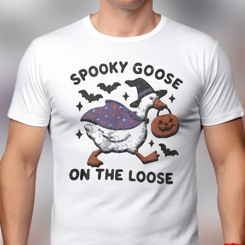 Spooky Goose on the Loose Tee, Funny Witch Goose Halloween Graphic T-Shirt