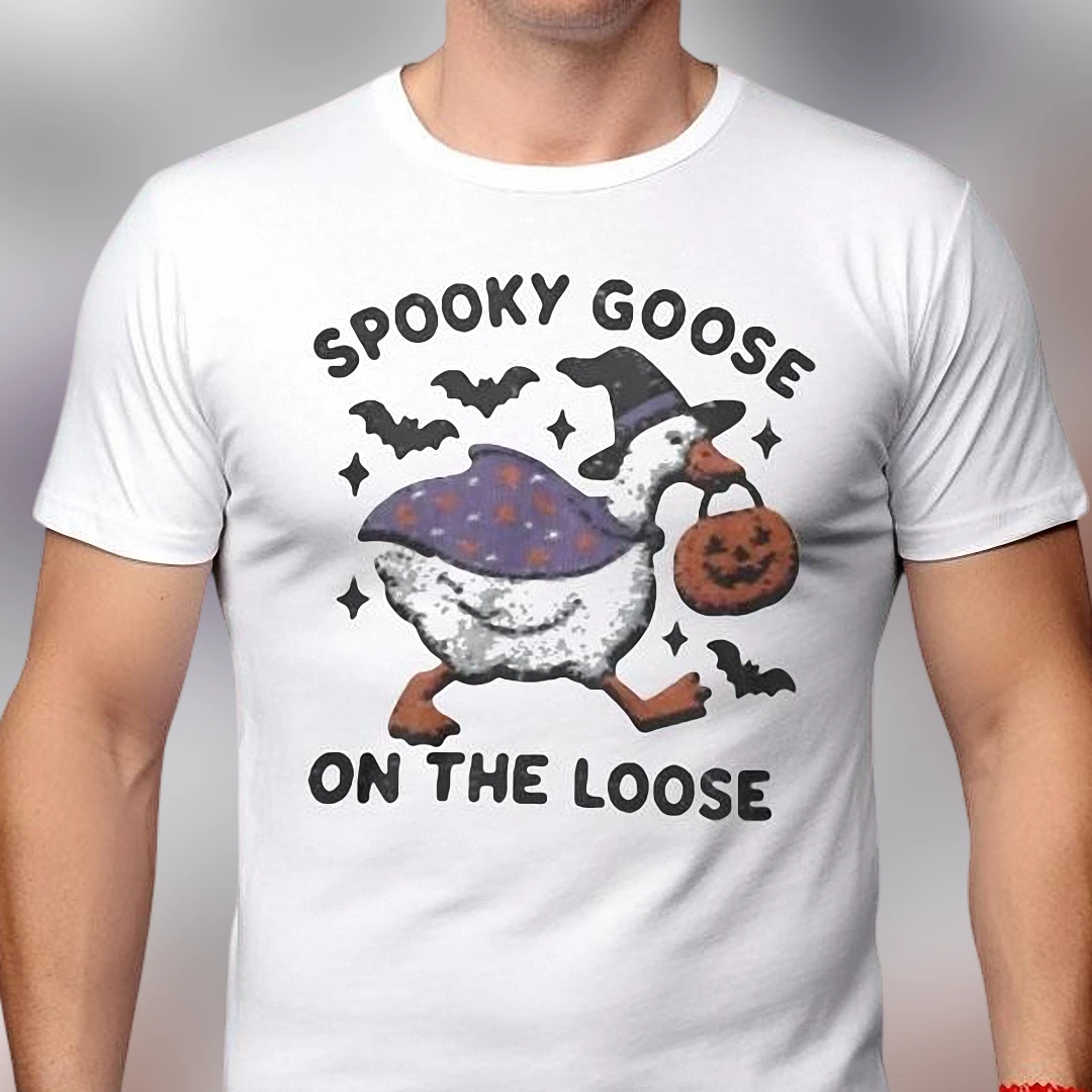 Spooky Goose on the Loose Tee, Funny Witch Goose Halloween Graphic T-Shirt