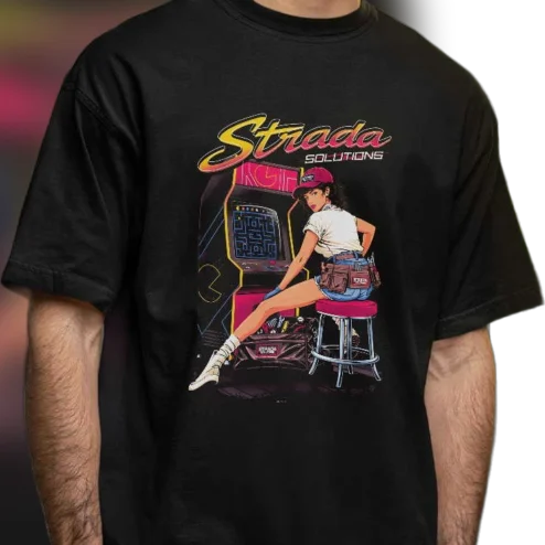 Strada Solutions Retro Arcade Mechanic Girl Graphic Tee, Vintage 80s Gaming T-Shirt for Men and Women