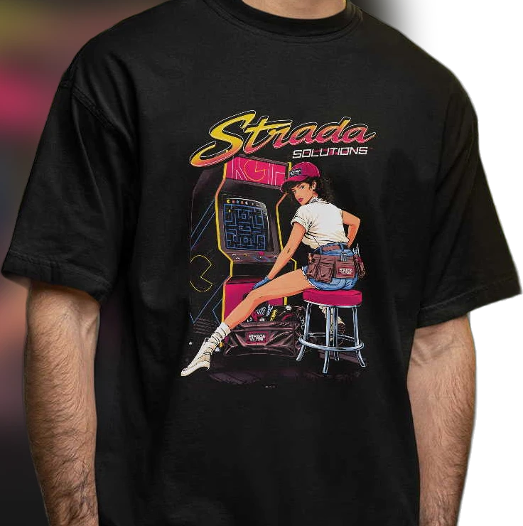 Strada Solutions Retro Arcade Mechanic Girl Graphic Tee, Vintage 80s Gaming T-Shirt for Men and Women