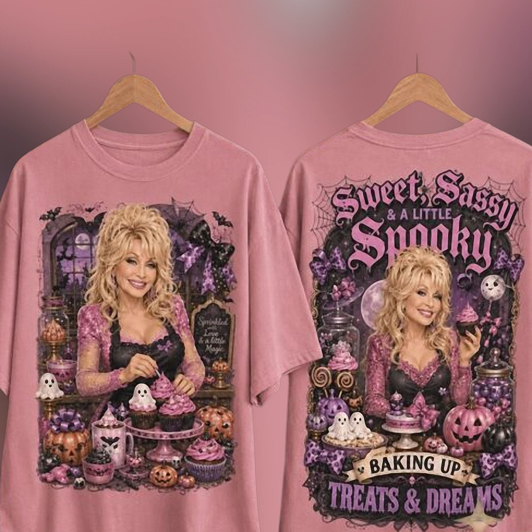 Sweet Sassy A Little Spooky Dolly Parton Baking Tee, Halloween Country Spooky Treats Graphic T-Shirt available at our Chicago, Illinois warehouse