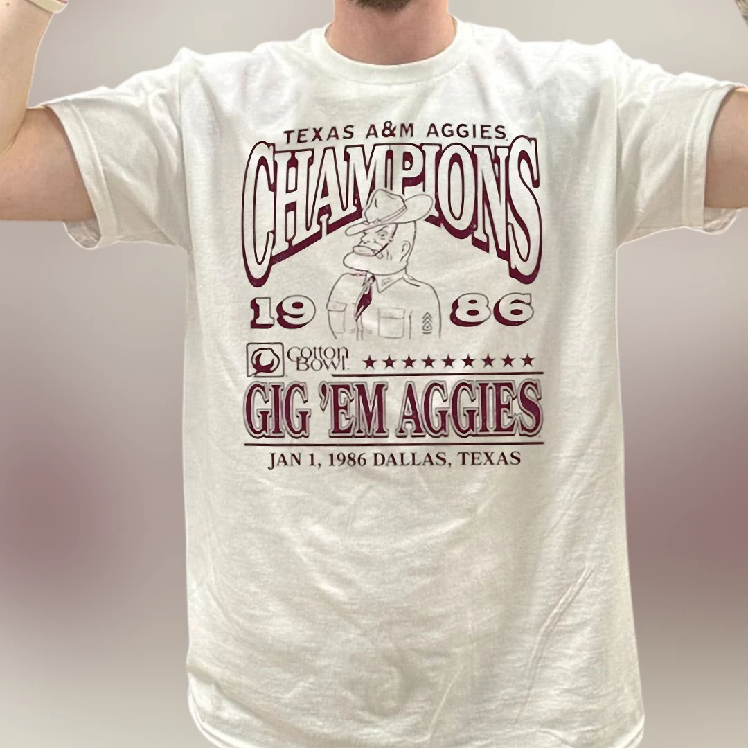 Texas A&M Aggies Champions 1986 Cotton Bowl Gig 'Em Aggies Tee, Vintage College Football Fan Shirt