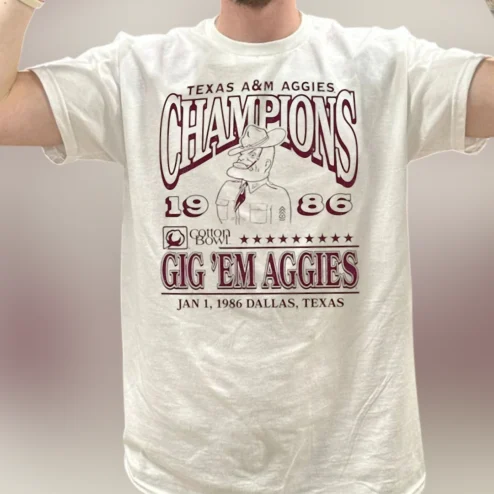 Texas A&M Aggies Champions 1986 Cotton Bowl Tee, Vintage Gig 'Em Aggies Dallas Texas Graphic Shirt