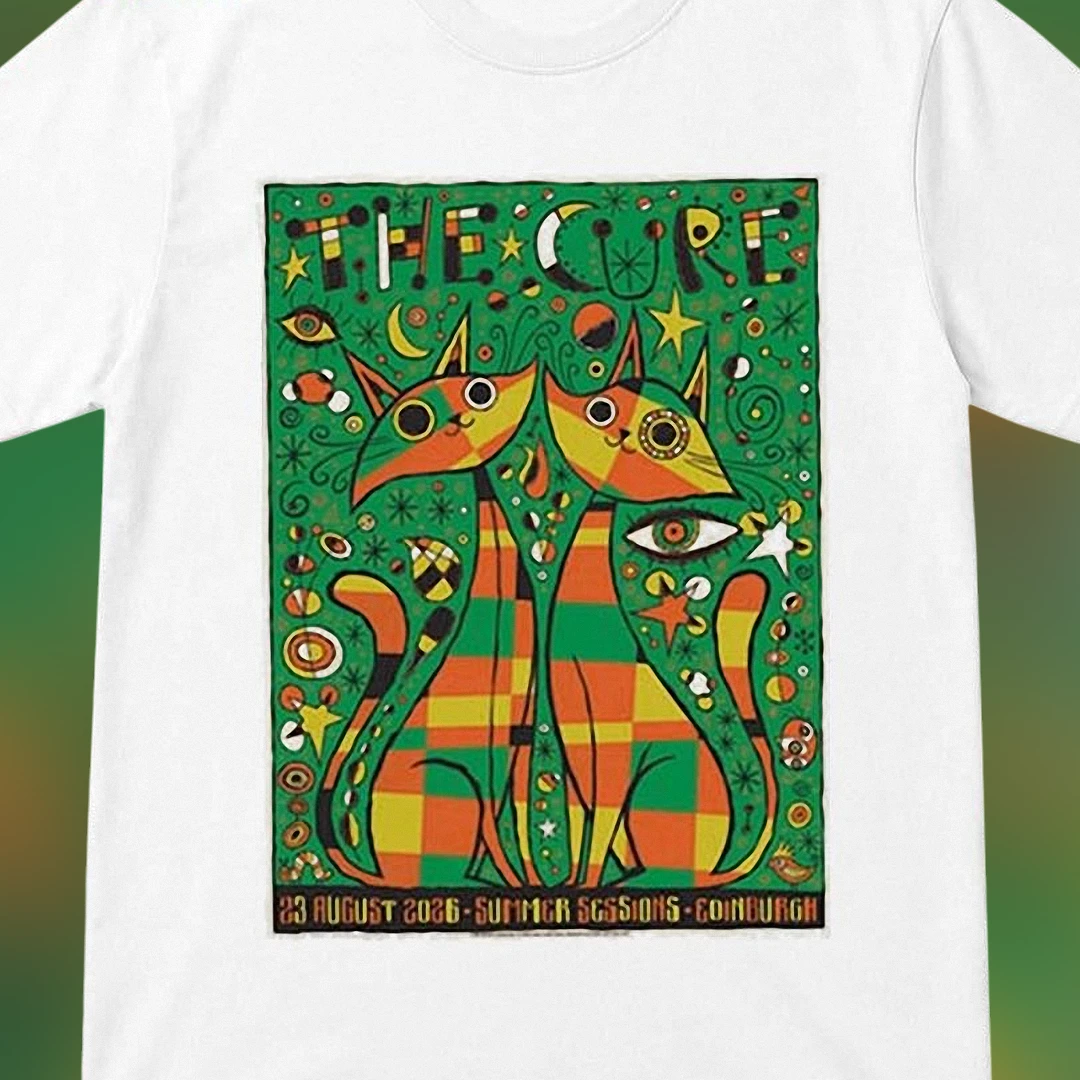 The Cure Edinburgh Summer Sessions 2026 Tee, Retro Psychedelic Cats Concert Shirt