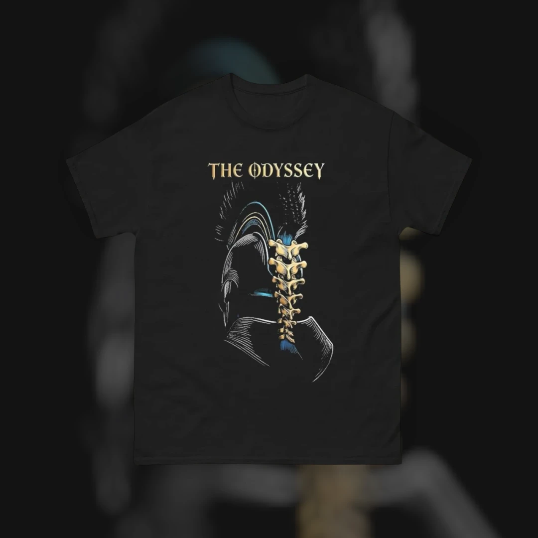 The Odyssey Greek Mythology Warrior Helmet Spine Graphic Tee for Classic Literature Fans