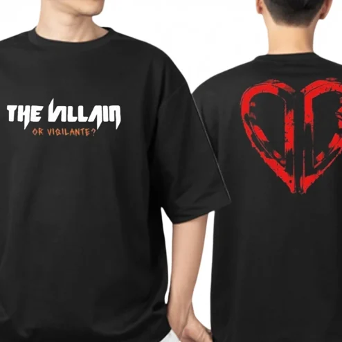 The Villain or Vigilante Tee, Edgy Anti-Hero Graphic Streetwear T-Shirt with Distressed Red Heart Back Print