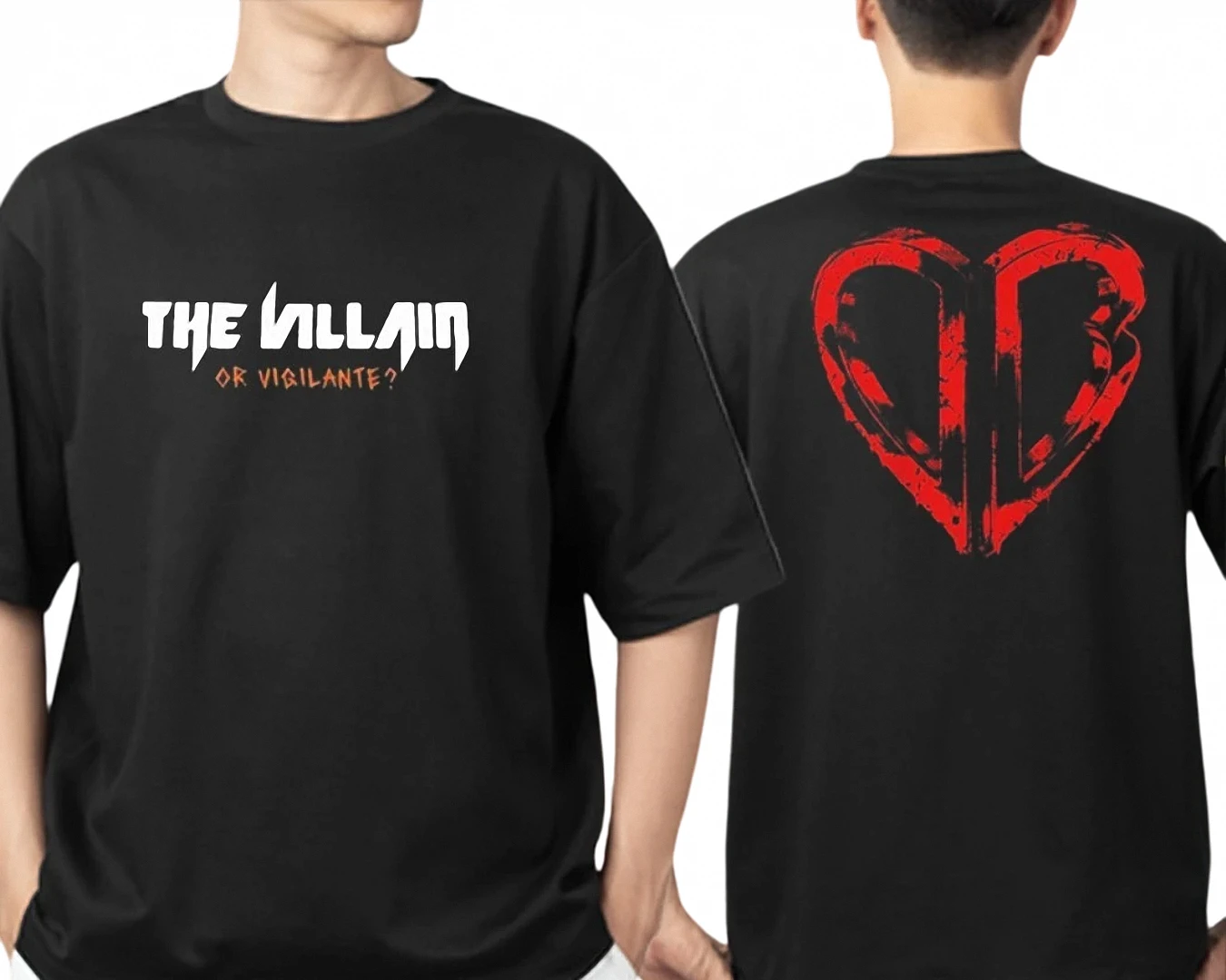 The Villain or Vigilante Tee, Edgy Anti-Hero Graphic Streetwear T-Shirt with Distressed Red Heart Back Print