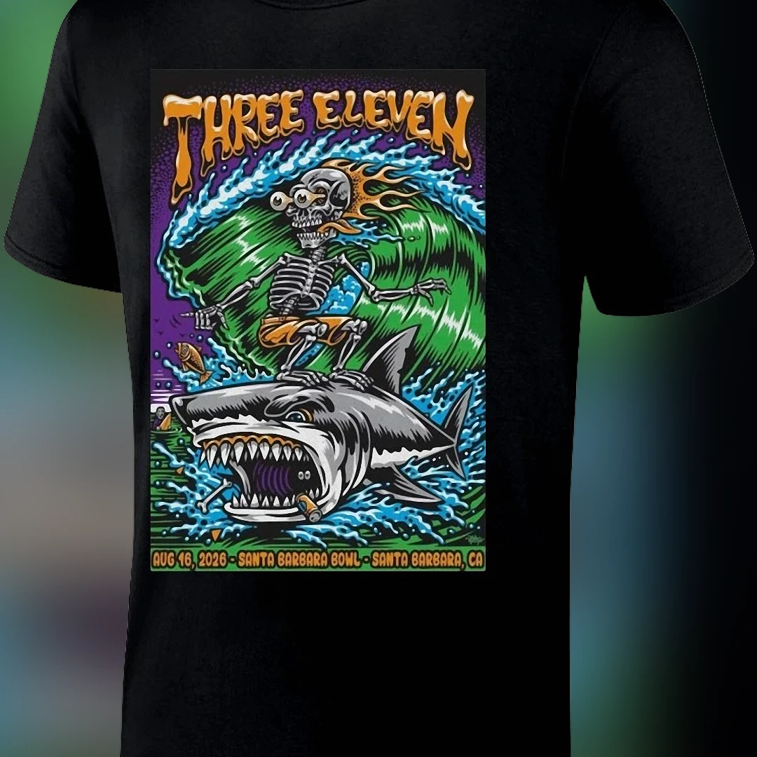 Three Eleven Santa Barbara Bowl Aug 16 2026 Tour Poster Tee, Surfing Skeleton Shark Concert Souvenir Graphic Shirt