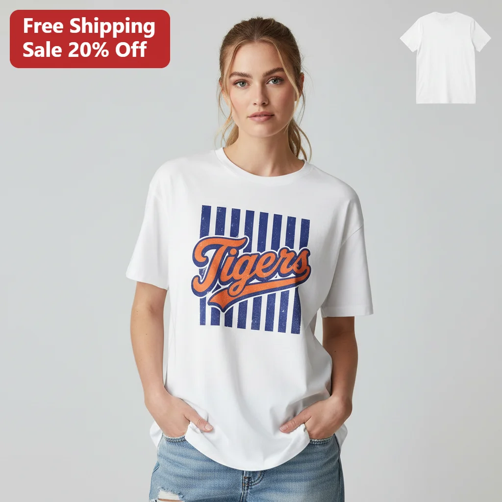 Tigers Tee Vintage Blue Orange Striped Game Day Shirt Gift for Baseball Fans College Sports