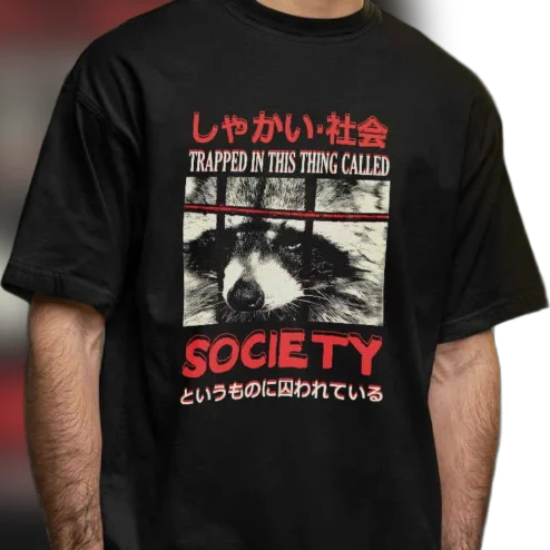 Trapped in This Thing Called Society Raccoon Tee, Japanese Streetwear Graphic T-Shirt, Edgy Dark Humor Anti-Society Gift
