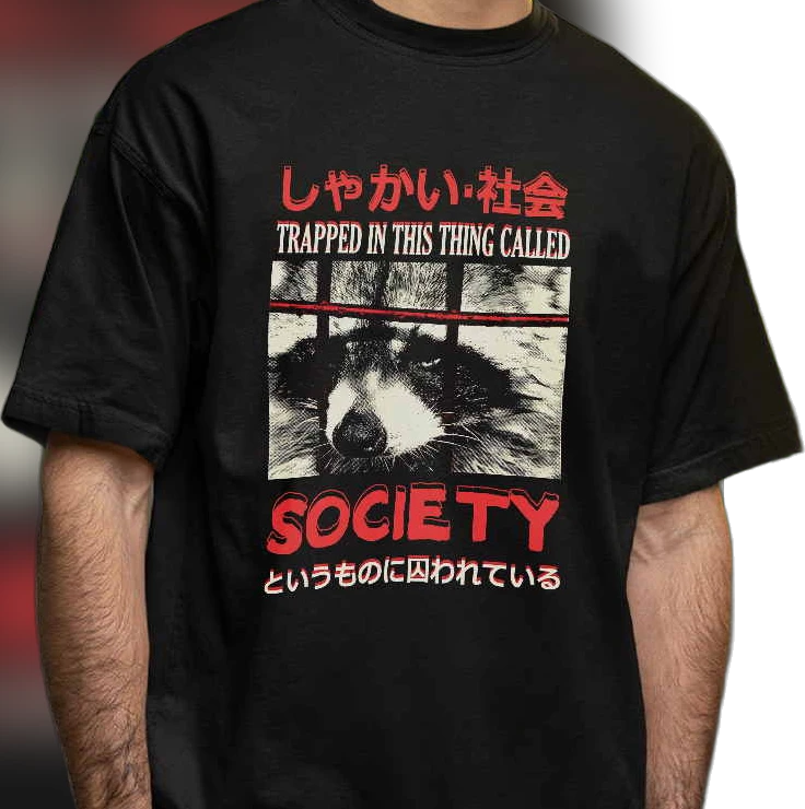 Trapped in This Thing Called Society Raccoon Tee, Japanese Streetwear Graphic T-Shirt, Edgy Dark Humor Anti-Society Gift