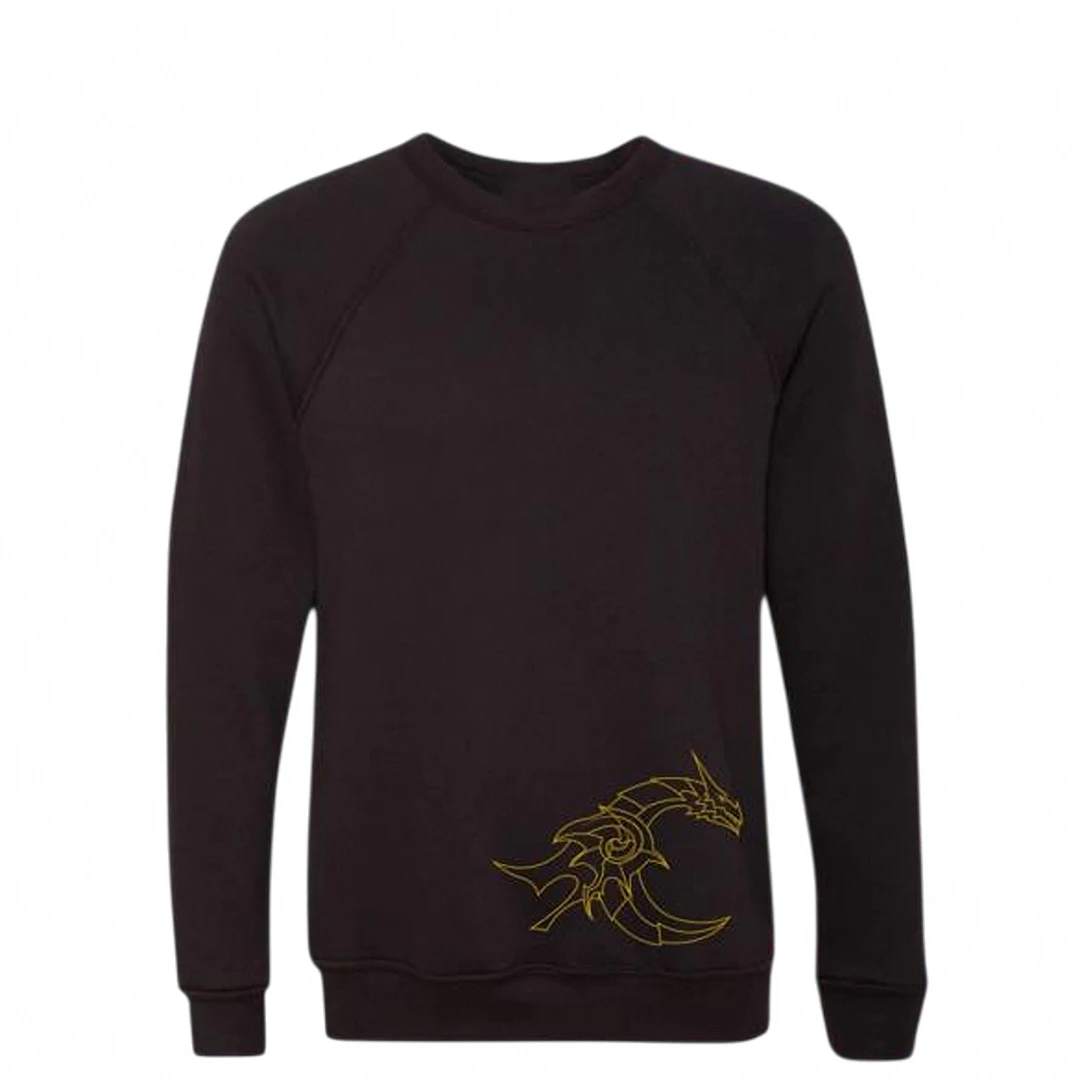 Tribal Dragon Graphic Sweatshirt, Minimalist Gold Line Art Black Raglan Crewneck Pullover for Streetwear Fans