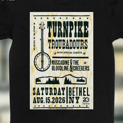 Turnpike Troubadours Aug 15 2026 Bethel NY Concert Tee, Muscadine Bloodline The Creekers Tour Graphic T-Shirt
