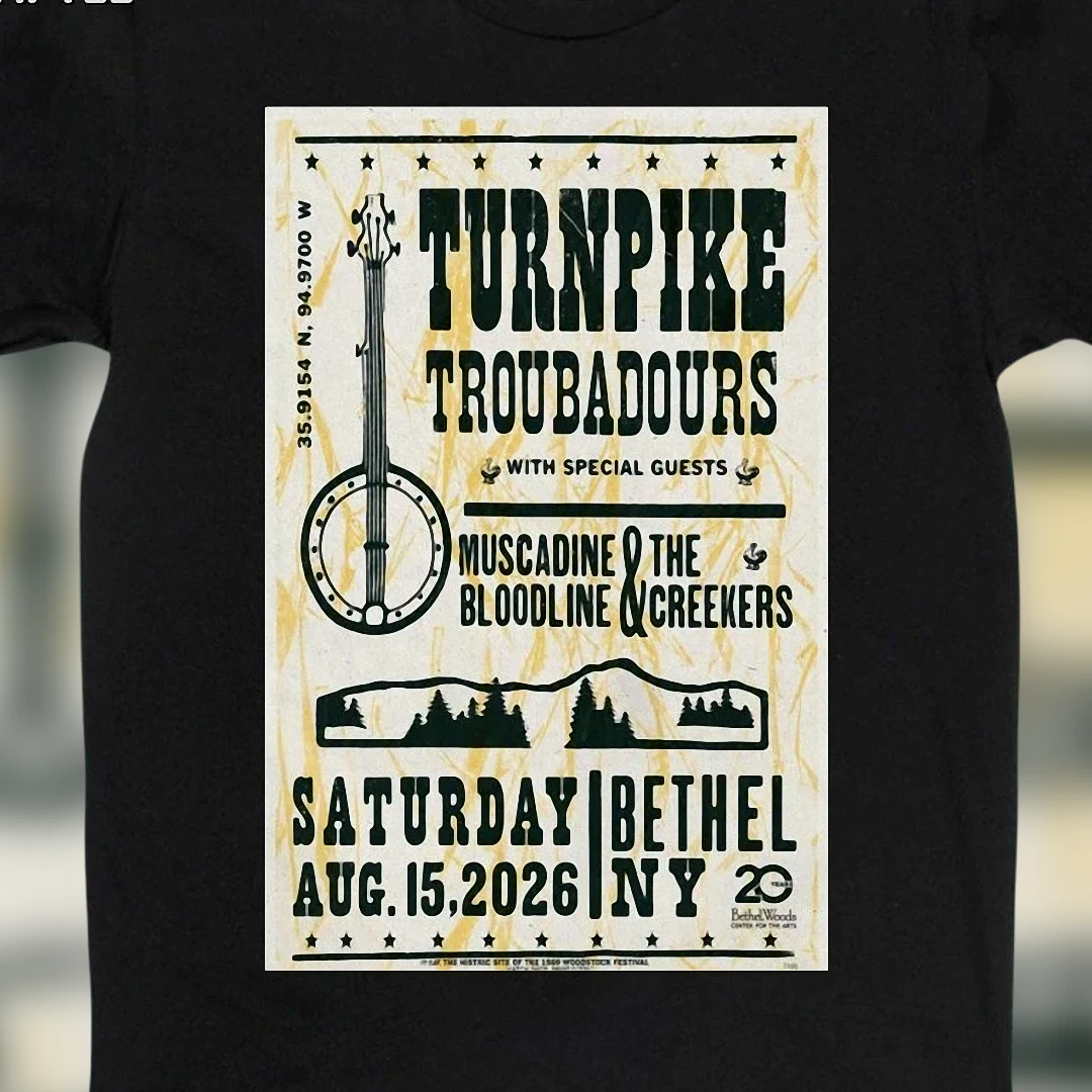 Turnpike Troubadours Aug 15 2026 Bethel NY Concert Tee, Muscadine Bloodline The Creekers Tour Graphic T-Shirt