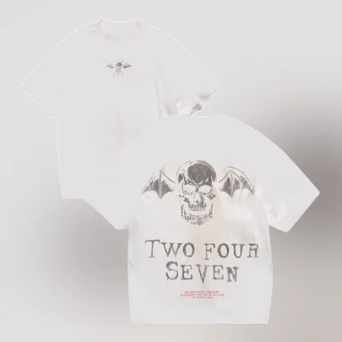 TWO FOUR SEVEN Tee Distressed Winged Skull Graphic T-Shirt Vintage Grunge Streetwear