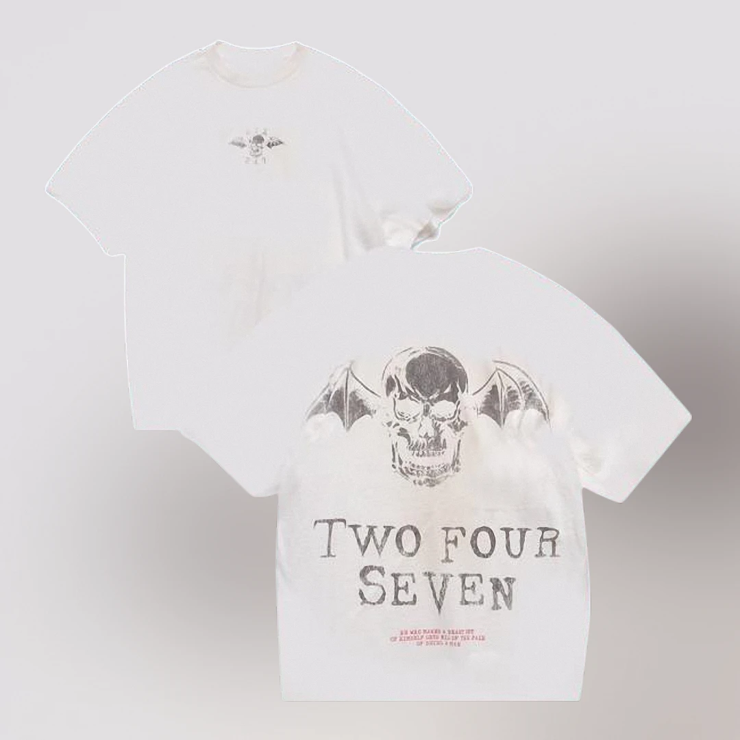 TWO FOUR SEVEN Tee Distressed Winged Skull Graphic T-Shirt Vintage Grunge Streetwear